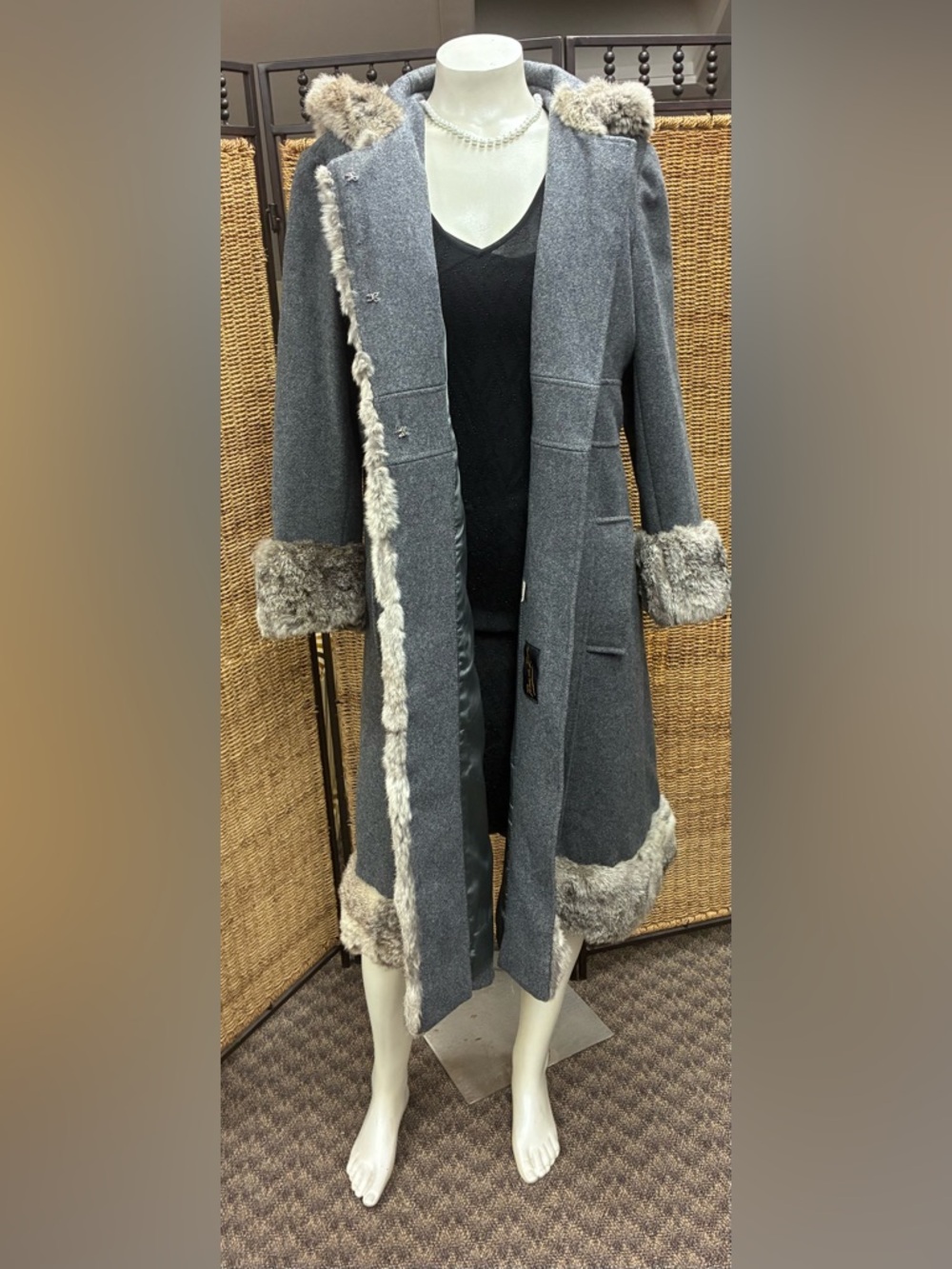 Vintage Penny Lane Coat Fur Trim Hooded Gray Wool Coat by Pina de Roma - Picture 7 of 8